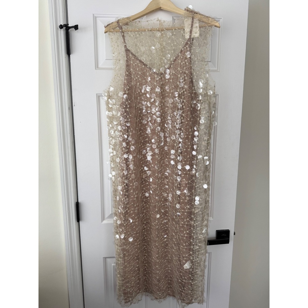 PEAOBLRLD Womens Sheer Sequin Overlay Slip Dress Midi Beige Size L Sleeveless - Picture 2 of 9